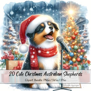 Lindo paquete de imágenes prediseñadas de pastores australianos navideños, imágenes prediseñadas de pastores navideños, archivos de animales de perros en acuarela, perros festivos, razas