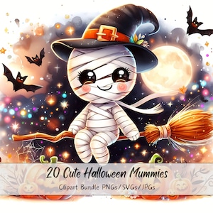 Lindo paquete de imágenes prediseñadas de momias de Halloween, imágenes prediseñadas de momias de acuarela, criaturas aterradoras de alta calidad, descarga de criaturas digitales divertidas, otoño
