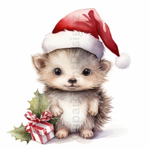 May include: A watercolor painting of a cute hedgehog wearing a red Santa hat and holding a red and white striped gift box with a green holly sprig.
