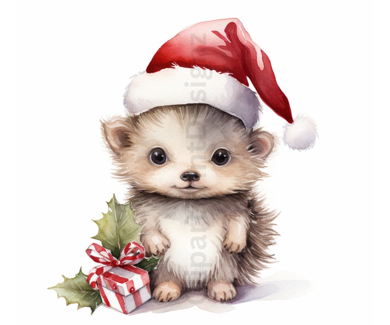 May include: A watercolor painting of a cute hedgehog wearing a red Santa hat and holding a red and white striped gift box with a green holly sprig.