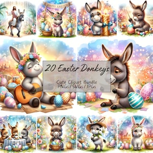 Lindo paquete de imágenes prediseñadas de burros de Pascua, imágenes prediseñadas de acuarela, 20 PNG/SVG/JPG de alta calidad, artesanía de papel digital, fabricación de tarjetas