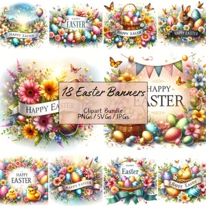 Bundle de cliparts Joyeuses Pâques, Images clipart aquarelle, 18 fichiers PNG/JPG/SVG de haute qualité, bannière, fabrication de cartes, créations numériques en papier