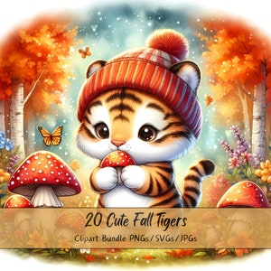 Lindo paquete de imágenes prediseñadas de tigres de otoño, Imágenes prediseñadas de tigre de acuarela, Archivos de animales de alta calidad, Gráficos digitales divertidos de animales, Archivos de otoño