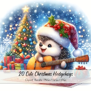 Lindo paquete de imágenes prediseñadas de erizos navideños, imágenes prediseñadas de erizos navideños, animales de acuarela de alta calidad, gráficos de animales festivos, invierno