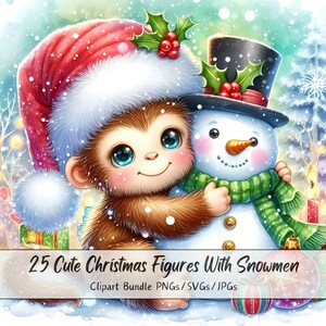 Lindo paquete de imágenes prediseñadas de muñecos de nieve y figuras navideñas, imágenes prediseñadas de muñecos de nieve de Navidad, archivos de animales de criaturas de acuarela, gráficos de animales de invierno