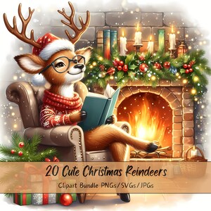 Lindo paquete de imágenes prediseñadas de renos navideños, imágenes prediseñadas de renos navideños, archivos de animales de acuarela de alta calidad, divertidos gráficos de animales festivos