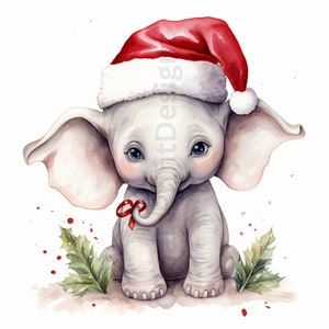 May include: A watercolor painting of a cute baby elephant wearing a red Santa hat with a white pom-pom. The elephant is sitting on a brown surface with green holly leaves and red berries.