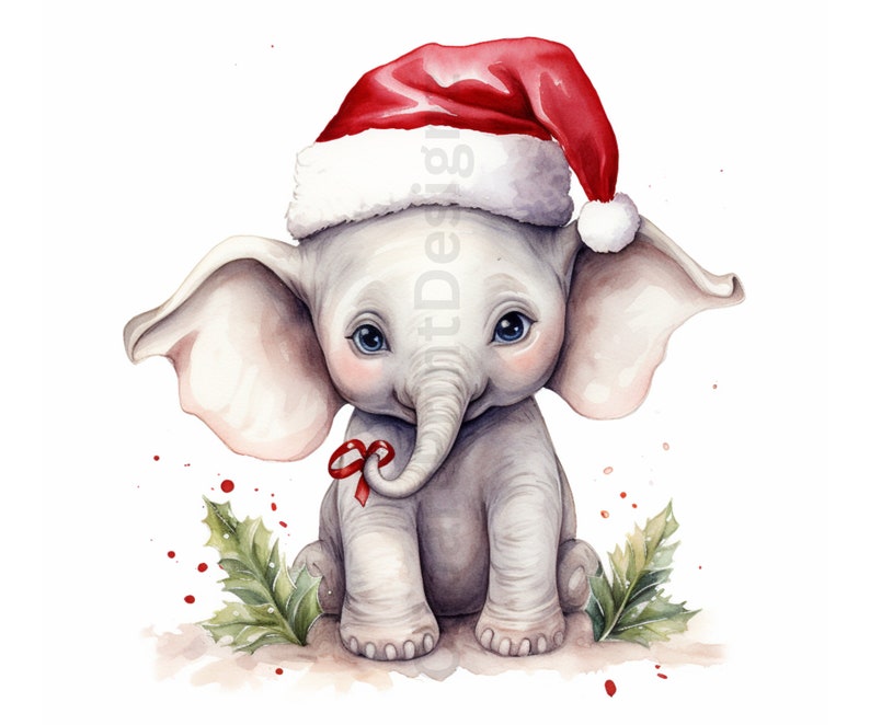 May include: A watercolor painting of a cute baby elephant wearing a red Santa hat with a white pom-pom. The elephant is sitting on a brown surface with green holly leaves and red berries.