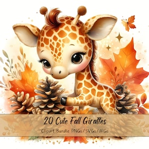 Lindo paquete de imágenes prediseñadas de jirafas de otoño, imágenes prediseñadas de jirafas de acuarela, archivos de animales de alta calidad, divertidos gráficos de animales digitales, otoño
