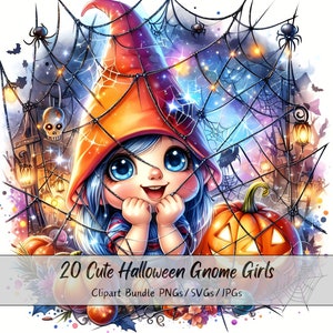 Lindo paquete de imágenes prediseñadas de Halloween Gnome Girls, imágenes prediseñadas de chica acuarela, criatura de alta calidad aterradora, descarga digital divertida, criaturas