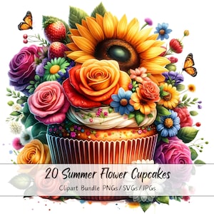 Bundle de cliparts cupcakes fleurs d'été, Images clipart aquarelle, fichiers de haute qualité, téléchargement numérique de graphiques pour muffins, gâteau de fleurs d'été