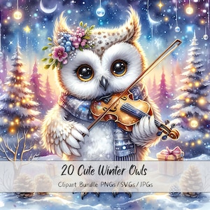 Lot de cliparts hibou hiver mignon, images clipart aquarelle festives, 20 fichiers PNG/SVG/JPG de haute qualité, créations numériques en papier, journal indésirable