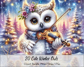 Cute Winter Owl Clipart Bundle, Festive Watercolor Clip Art Images, 20 High Quality PNGs/SVGs/JPGs, Digital Paper Craft, Junk Journal
