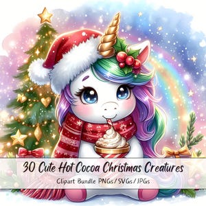Lindo paquete de imágenes prediseñadas de criaturas de chocolate caliente navideño, imágenes prediseñadas de Navidad, archivos digitales de animales con figuras de acuarela, gráficos de animales de invierno