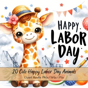 Lindo paquete de imágenes prediseñadas de animales del Día del Trabajo, animales de archivos patrióticos de acuarela, imágenes prediseñadas de alta calidad, vacaciones de trabajo estadounidenses, descargar