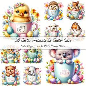 Lindos animales de Pascua en paquete de imágenes prediseñadas de tazas de Pascua, imágenes de imágenes prediseñadas de acuarela, archivos de tazas de alta calidad, descarga de gráficos de animales digitales