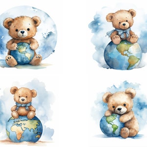 May include: Four watercolor illustrations of brown teddy bears holding or sitting on a blue globe with continents in brown. The bears are wearing blue scarves. The background is a light blue watercolor wash.