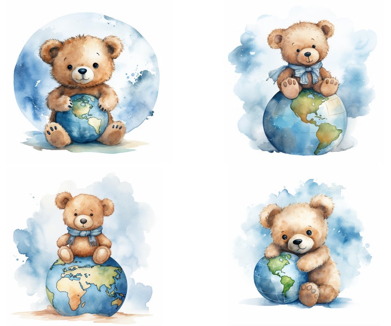 May include: Four watercolor illustrations of brown teddy bears holding or sitting on a blue globe with continents in brown. The bears are wearing blue scarves. The background is a light blue watercolor wash.
