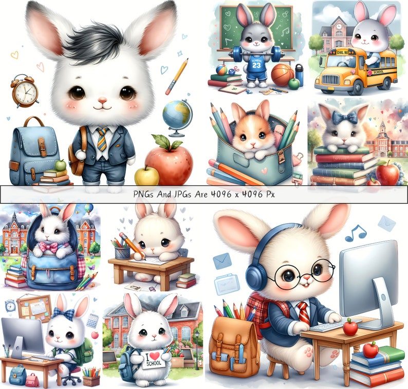 Cute Back to School Rabbits Clipart Bundle, Watercolor Rabbit Clip Art ...