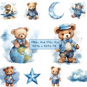 May include: A set of ten watercolor illustrations featuring cute teddy bears in various poses. The bears are wearing blue clothing and are surrounded by blue and white clouds, stars, a crescent moon, and a globe. The text "PNGs And JPGs Are 4096 x 4096 PX" is included in the image.