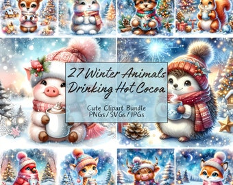 May include: A digital clipart bundle of 27 winter animals drinking hot cocoa. The animals are illustrated in a cartoon style and are wearing winter clothing. The illustrations are perfect for creating winter-themed crafts, cards, and other projects.