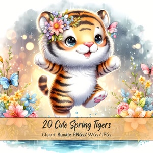 Lindo paquete de imágenes prediseñadas de tigres de primavera, imágenes de imágenes prediseñadas de acuarela, archivos de tigre de alta calidad, gráficos de animales digitales divertidos, descarga única