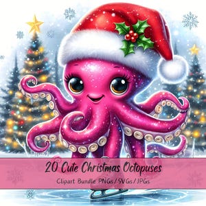 Lindo paquete de imágenes prediseñadas de pulpos navideños, imágenes prediseñadas de pulpos navideños, archivos de animales de acuarela de alta calidad, gráficos de animales festivos, invierno