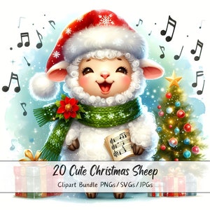 Lindo paquete de imágenes prediseñadas de ovejas navideñas, imágenes prediseñadas de corderos navideños, archivos de animales de acuarela de alta calidad, gráficos divertidos de animales festivos, invierno s