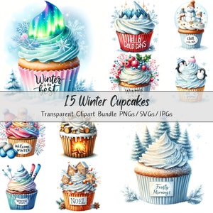 Paquete de imágenes prediseñadas de cupcakes de invierno, imágenes prediseñadas de acuarela, archivos de alta calidad, descarga de gráficos de muffins digitales, pastel de nieve de feliz Navidad