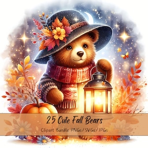 Lindo paquete de imágenes prediseñadas de osos otoñales, Imágenes prediseñadas de oso otoñal de acuarela, Archivos de animales de alta calidad, Gráficos digitales divertidos de animales, Otoño