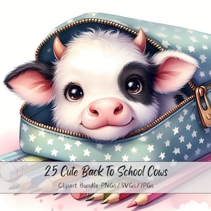 Lindo paquete de imágenes prediseñadas de vacas de regreso a la escuela, imágenes prediseñadas de vacas de acuarela, archivo de animales de alta calidad, gráficos de animales de maestros digitales, únicos