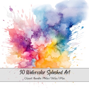 Aquarell Splash Clipart Bundle, Splashed Art, Abstrakter Splatter, 30 PNGs/SVGs/JPGs, 300 Dpi Bilder, kommerzielle Nutzung, Blau, Rot, Grün, Rosa