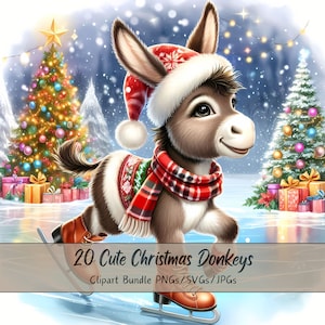 Lindo paquete de imágenes prediseñadas de burros navideños, imágenes prediseñadas de burros navideños, archivo de animales de acuarela de alta calidad, divertidos gráficos de animales festivos de invierno