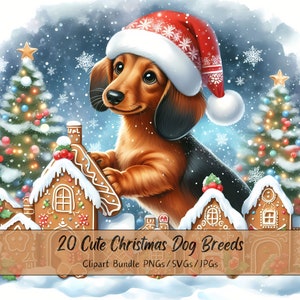 Lindo paquete de imágenes prediseñadas de razas de perros navideños, imágenes prediseñadas de razas de perros navideños, archivos de animales de acuarela de alta calidad, gráficos de animales festivos