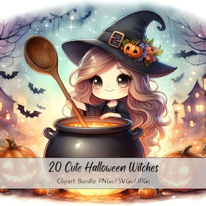 Lindo paquete de imágenes prediseñadas de brujas de Halloween, imágenes prediseñadas de brujas de acuarela, criaturas aterradoras de alta calidad, descarga de criaturas digitales divertidas, otoño