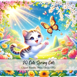 Bundle de cliparts mignons chats de printemps, Images clipart aquarelle, 20 fichiers PNG/SVG/JPG de haute qualité, créations numériques en papier, fabrication de cartes, sublimation