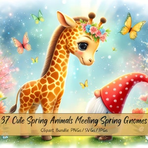 Lindo paquete de imágenes prediseñadas de animales y gnomos de primavera, imágenes de imágenes prediseñadas de acuarela, alta calidad, divertidos gráficos de animales digitales, descarga única
