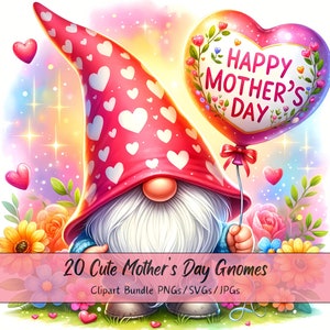 Schattig Happy Mothers Day kabouters clipart bundel, liefde kabouter, feestelijke aquarel clip art afbeeldingen, 20 hoge kwaliteit PNGs/SVGs/JPGs, kaart maken