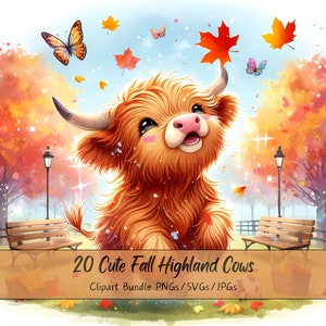 Bundle de cliparts vaches Highland automne mignon, aquarelle vache automne Clip Art Images, fichiers animaux de haute qualité, graphiques numériques animaux amusants