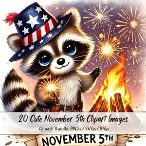 Paquete de imágenes prediseñadas del 5 de noviembre, animales del día de las hogueras, imágenes prediseñadas de acuarela del Reino Unido, imágenes prediseñadas, Reino Unido, lindo animal de fuegos artificiales de Inglaterra