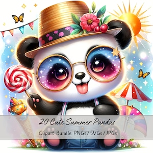Leuke zomer Panda's clipart bundel, aquarel Panda clip art afbeeldingen, hoge kwaliteit dierenbestanden, digitale dierenafbeeldingen, unieke download