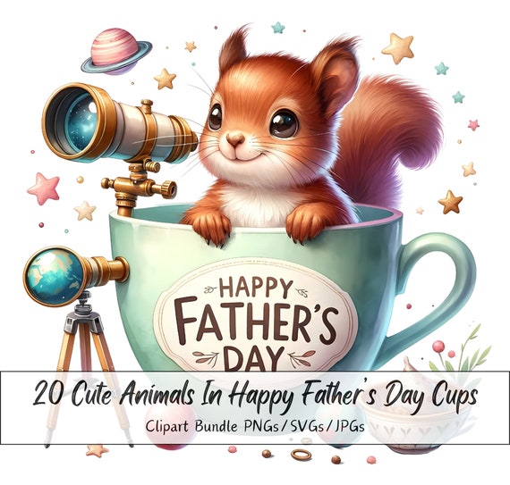 Cute Animals In Happy Father's Day Cups Clipart Bundle, Watercolor Clip Art Images, High Quality Mug Files, Digital Animal Graphics Download