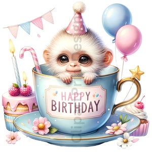 Pode incluir: Um macaco branco usando um chap&eacute;u de festa rosa e branco est&aacute; sentado em uma x&iacute;cara de ch&aacute; azul com um pires. A x&iacute;cara de ch&aacute; tem uma al&ccedil;a dourada e um r&oacute;tulo branco que diz "Feliz anivers&aacute;rio". H&aacute; bal&otilde;es rosa e branco, um cupcake rosa e branco e um bolo rosa e branco com framboesas no topo.