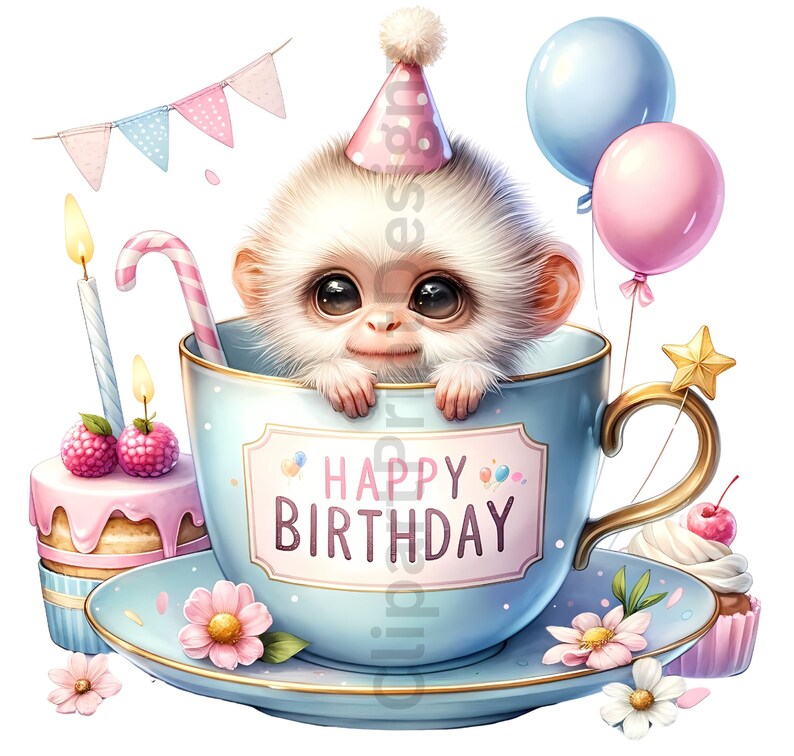 Pode incluir: Um macaco branco usando um chap&eacute;u de festa rosa e branco est&aacute; sentado em uma x&iacute;cara de ch&aacute; azul com um pires. A x&iacute;cara de ch&aacute; tem uma al&ccedil;a dourada e um r&oacute;tulo branco que diz "Feliz anivers&aacute;rio". H&aacute; bal&otilde;es rosa e branco, um cupcake rosa e branco e um bolo rosa e branco com framboesas no topo.