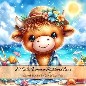 Bundle de cliparts mignon vaches Highland d'été, vache aquarelle Clip Art Images, fichiers animaux de haute qualité, graphiques numériques animaux amusants, téléchargement
