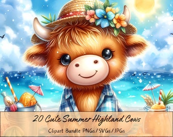 Cute Summer Highland Cows Clipart Bundle, Watercolor Cow Clip Art Images, High Quality Animals Files, Fun Digital Animal Graphics, Download