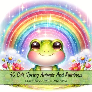 Lindo paquete de imágenes prediseñadas de animales de primavera y arco iris, imágenes de imágenes prediseñadas de acuarela, alta calidad, divertidos gráficos de animales digitales, descarga única