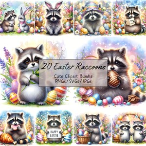 Clipart de guaxinins fofos de Páscoa, imagens engraçadas de animais em aquarela, pacote de alta qualidade, download de gráficos digitais, 20 arquivos de arte digital, berçário
