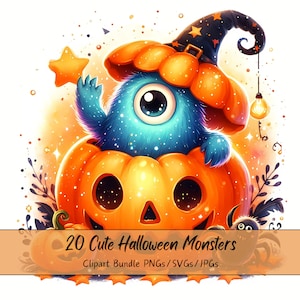 Lindo paquete de imágenes prediseñadas de monstruos de Halloween, imágenes prediseñadas de monstruos de acuarela, criaturas aterradoras de alta calidad, descarga de criaturas digitales divertidas