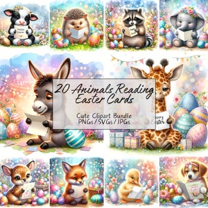 Niedliche Tiere lesen Osterkarten Clipart, hochwertige Aquarell Tierbilder, Clip Art Bundle, digitaler Download Grafiken, gemütliche Tiere
